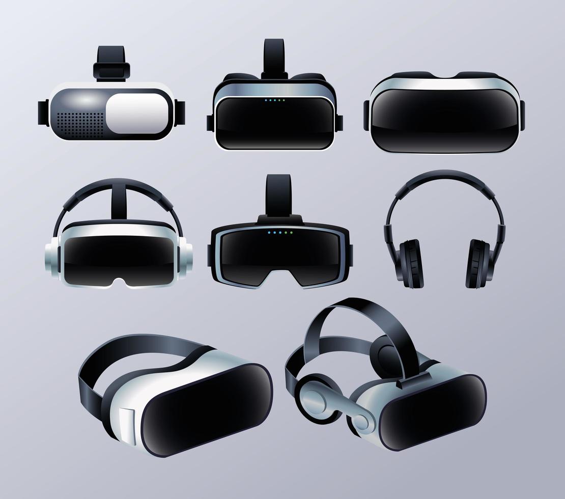 Set of Virtual Reality Masks and Earphones Accessories vector