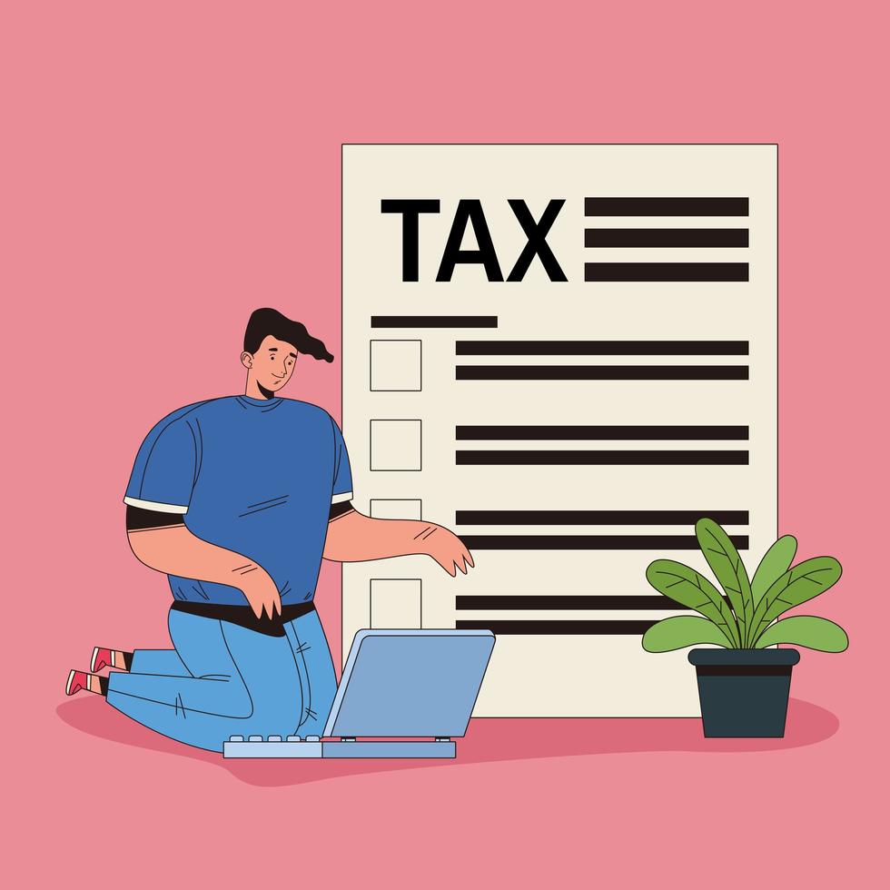 Young man doing taxes online vector