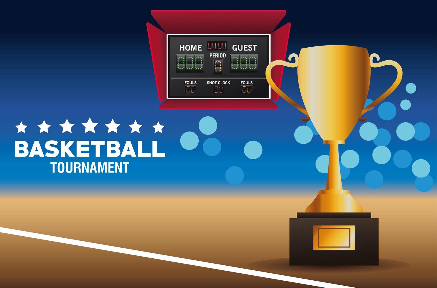 Banner de torneo de baloncesto con trofeo. vector