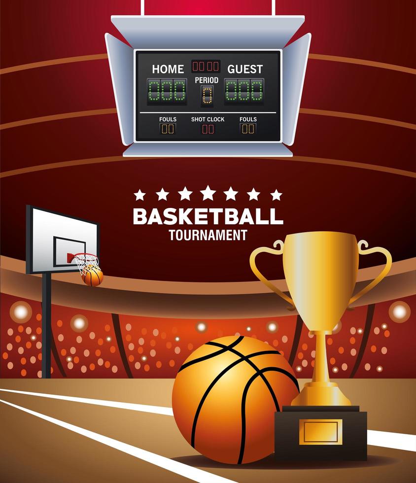 Banner de torneo de baloncesto con pelota y trofeo. vector
