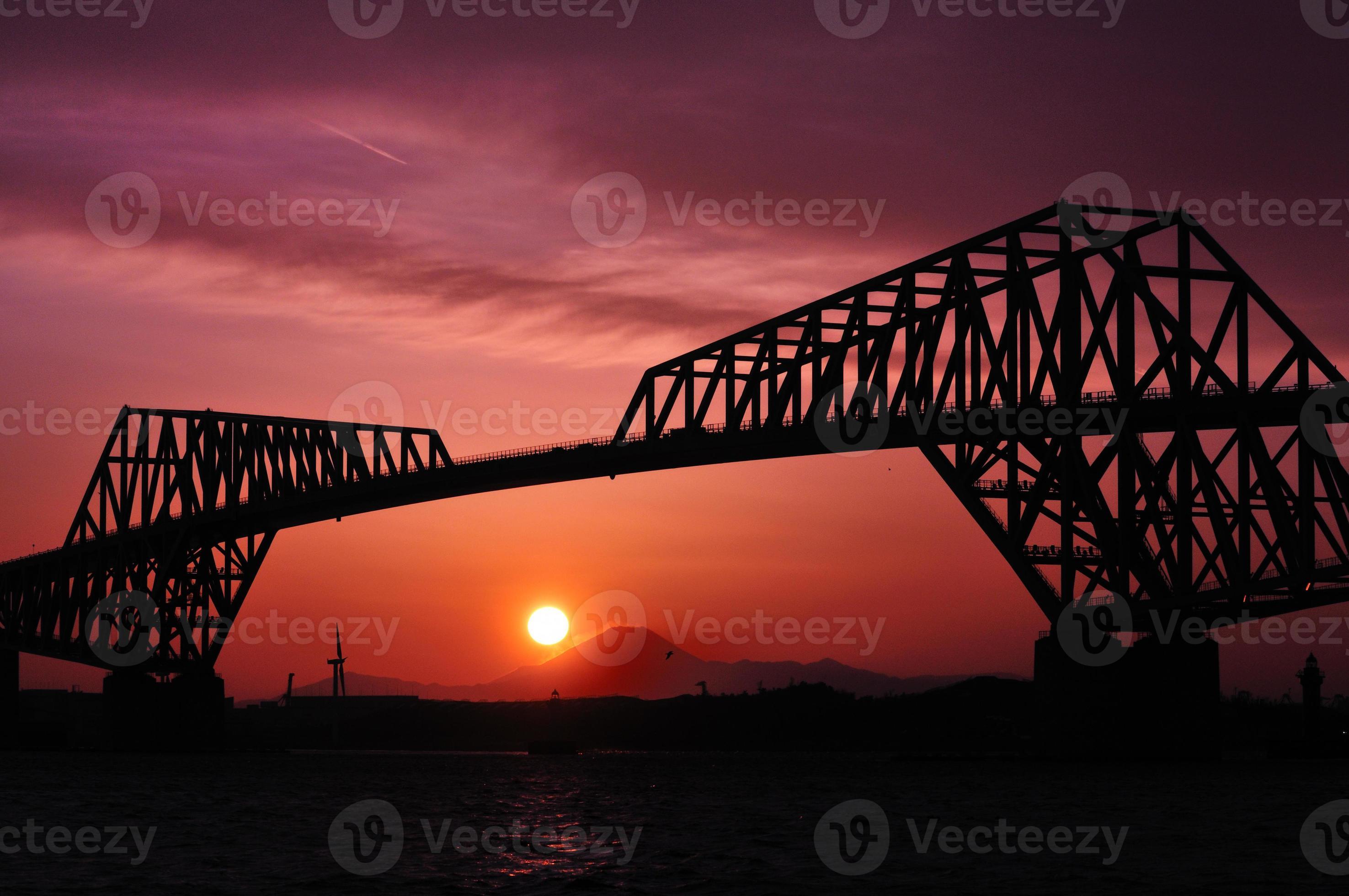 Mount Fuji And Tokyo Gate Bridge Of The Evening Stock Photo