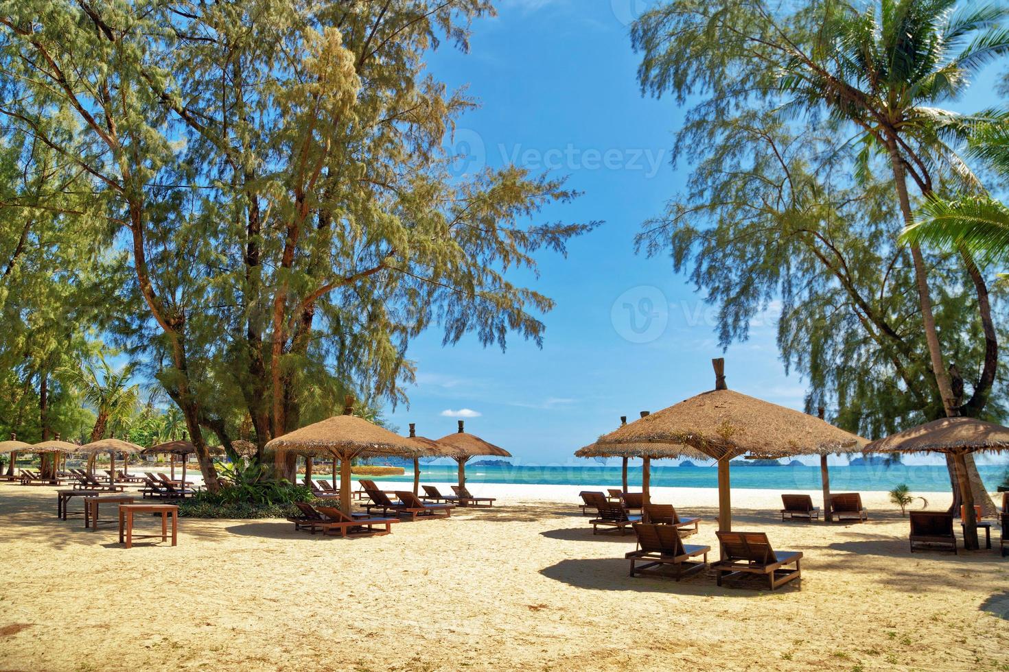 Wooden chairs and umbrellas on white sand beach photo