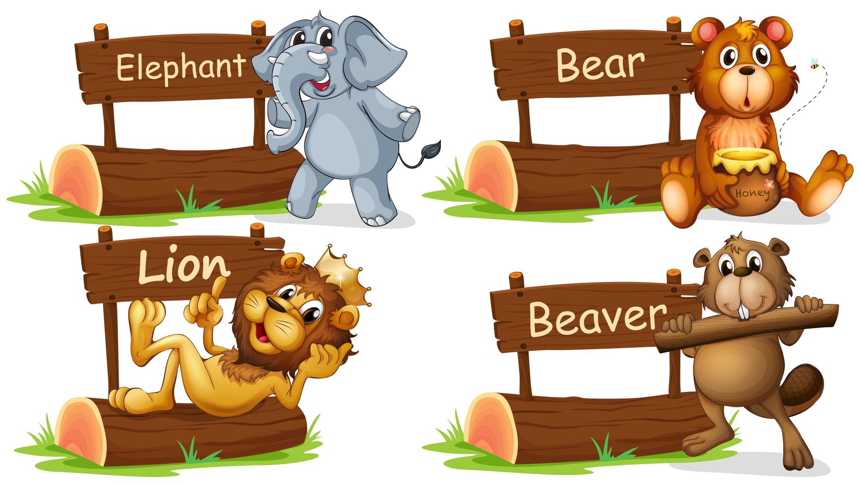 Four wild animals with wooden sign set vector
