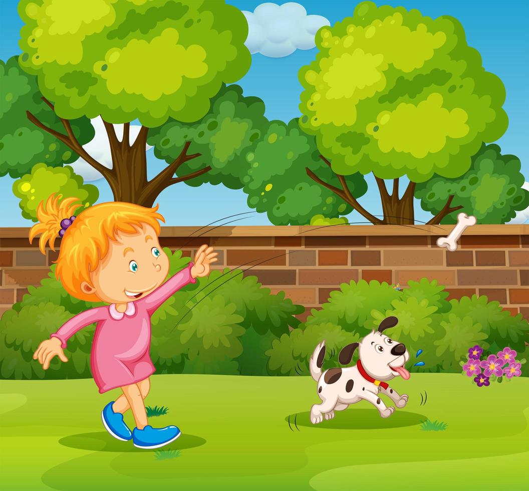 Girl playing with pet dog in the yard vector