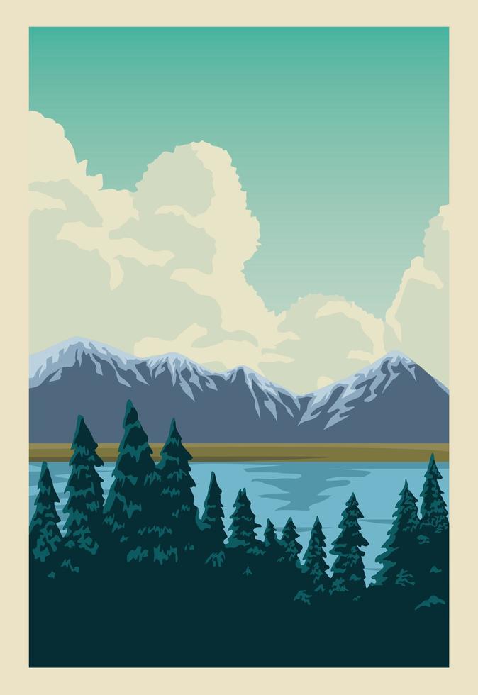 hermoso paisaje con lago y pinos vector