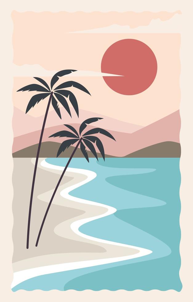 escena de playa con palmeras y sol vector