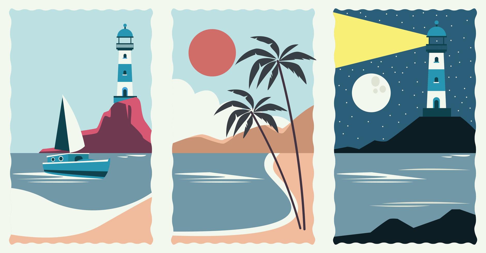 Seascape scene stamp set vector