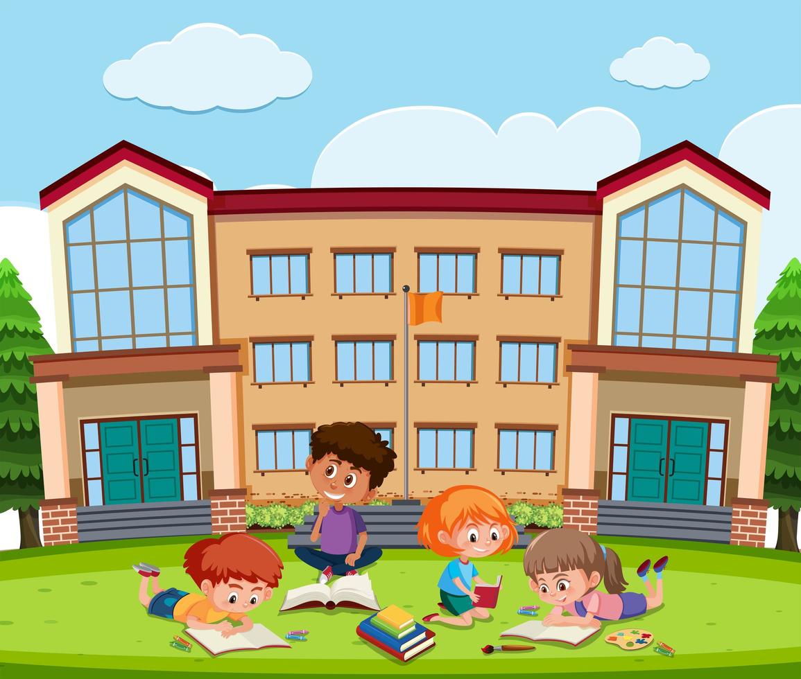 Student learning outside in front of school  vector