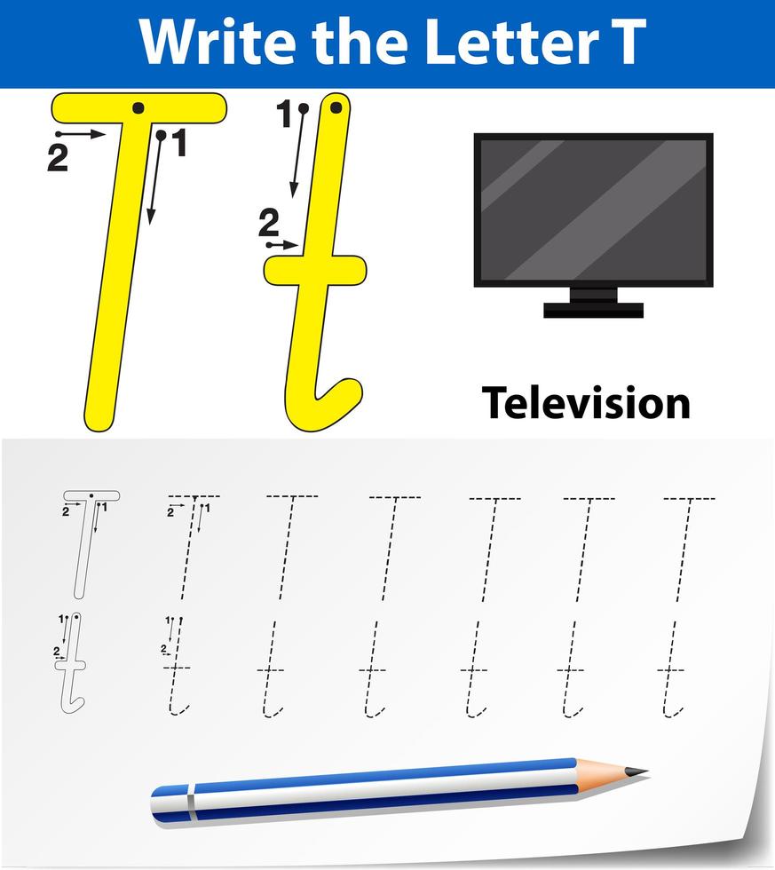 Trace the letter T worksheet with television  vector