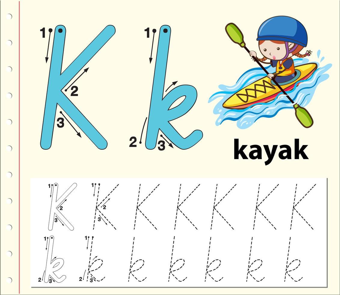 Letter K tracing alphabet worksheet with kayak vector