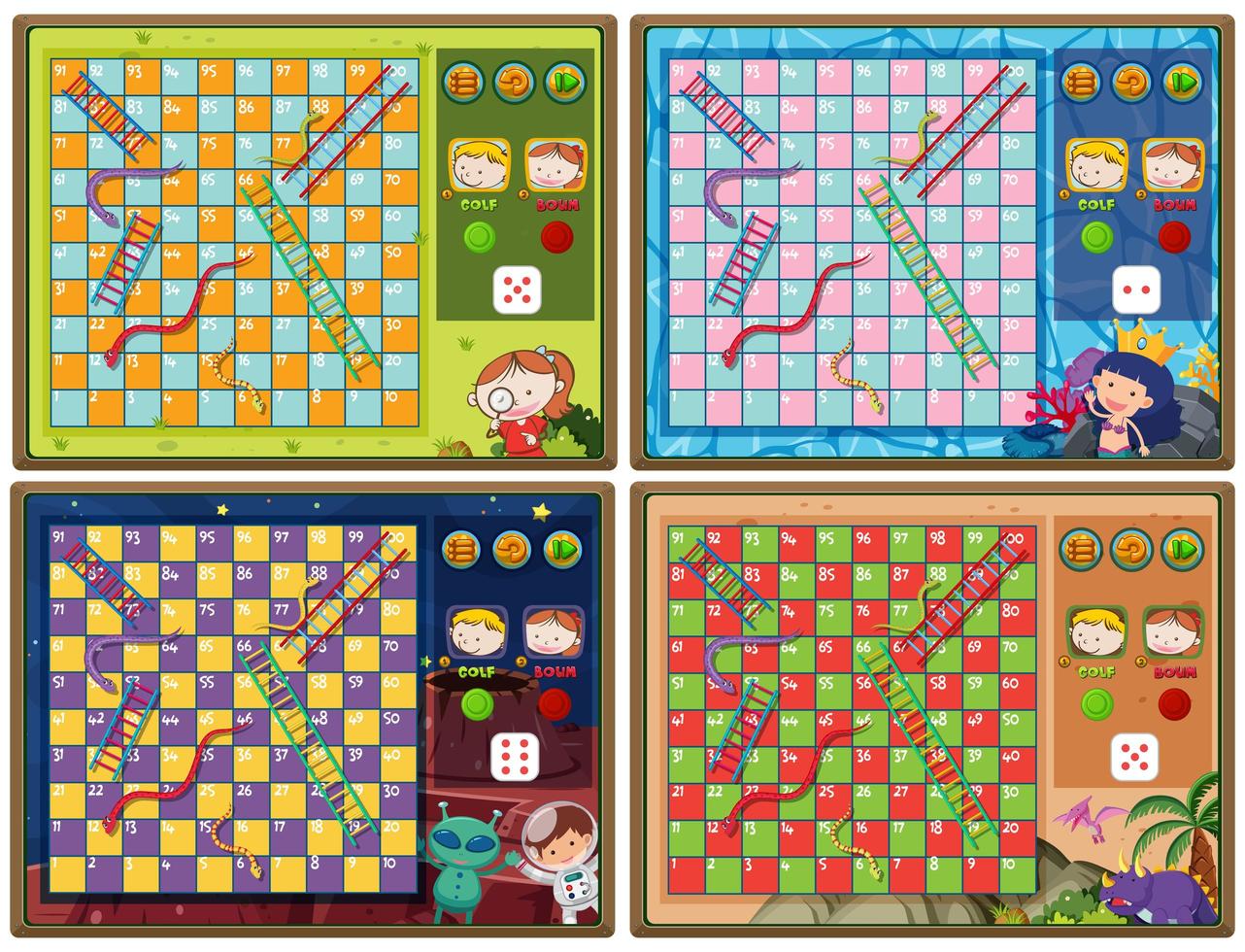 Conjunto de juegos de serpientes y escaleras con cuatro fondos. vector