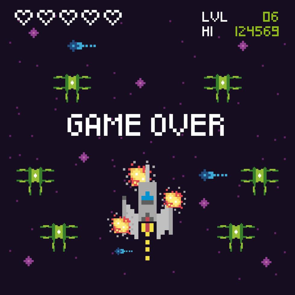 Video game space scene with game over message vector