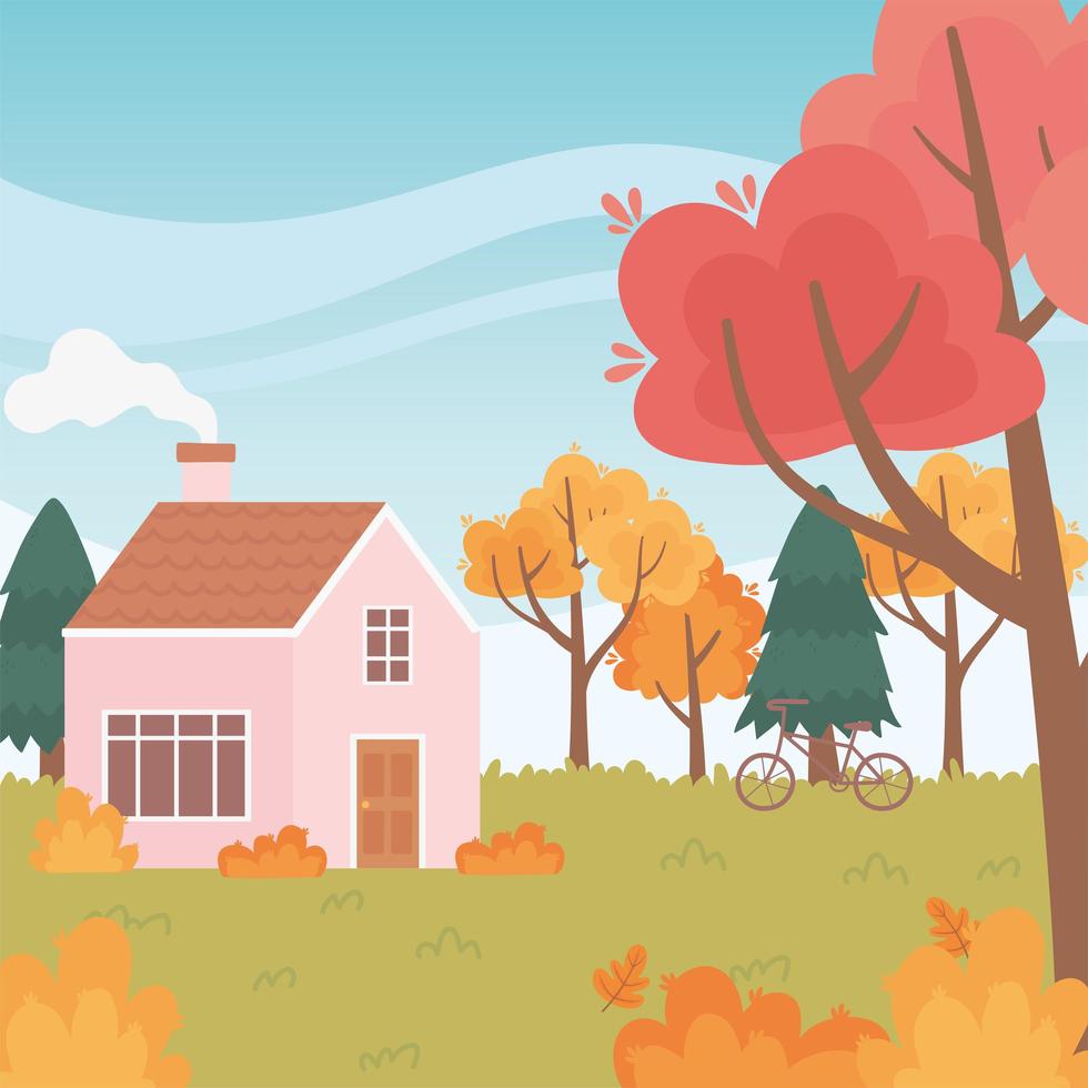 paisaje en otoño. casa con chimenea y bicicleta vector