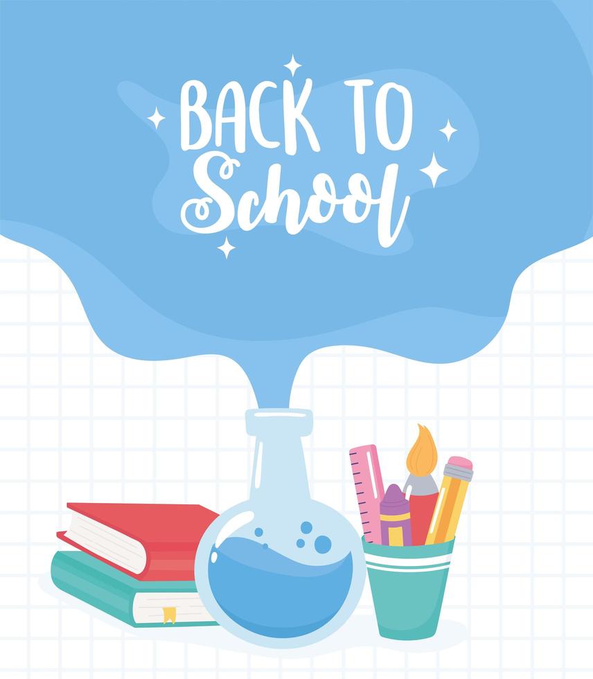 Back to school. Chemistry tube, books, and pencils vector