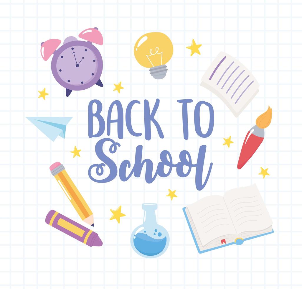 Back to school. Clock, crayon, pencil and book vector