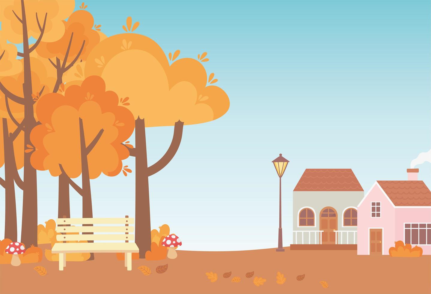 Landscape in autumn. Cottages, bench, and park trees vector