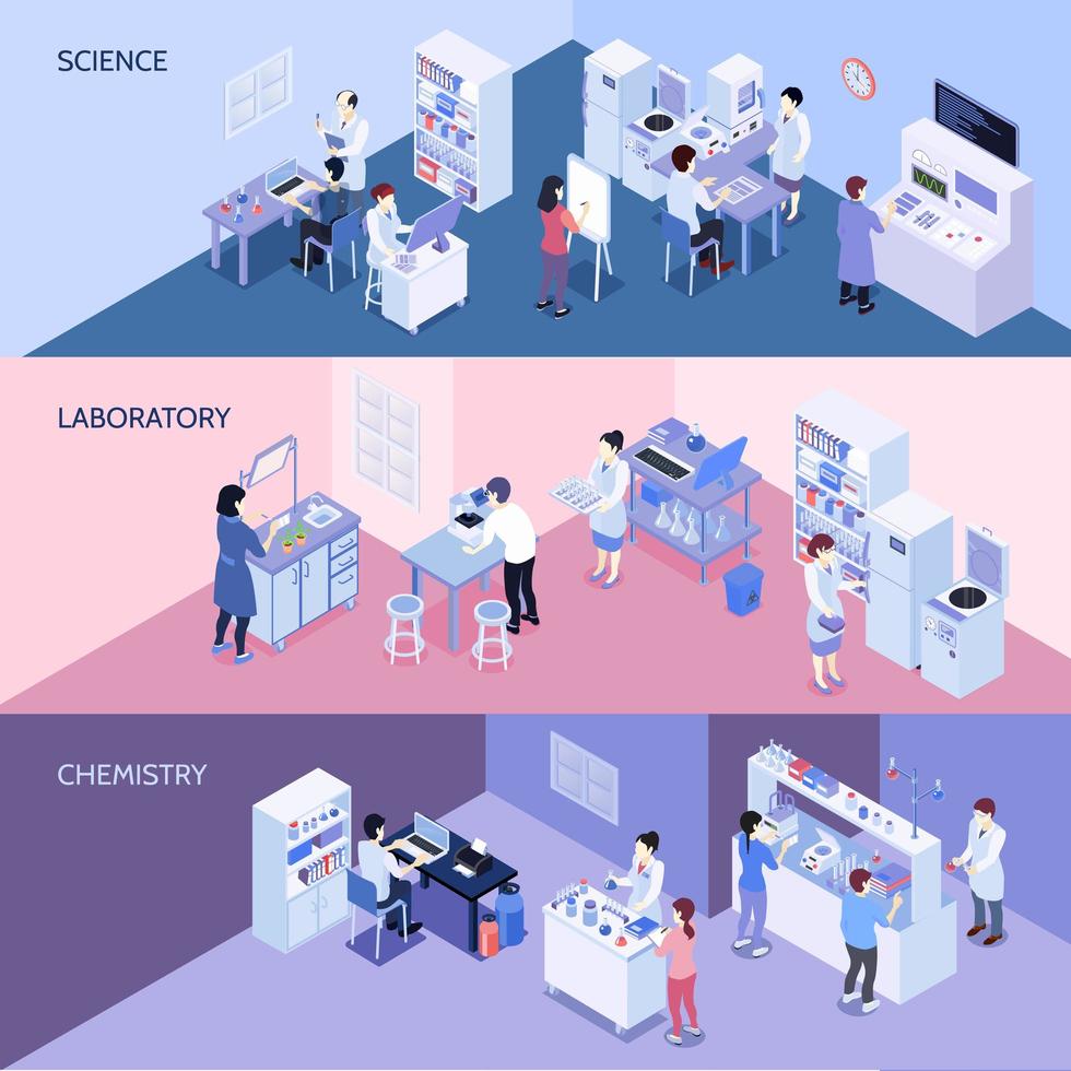 Banners horizontales de laboratorio isométrico. vector