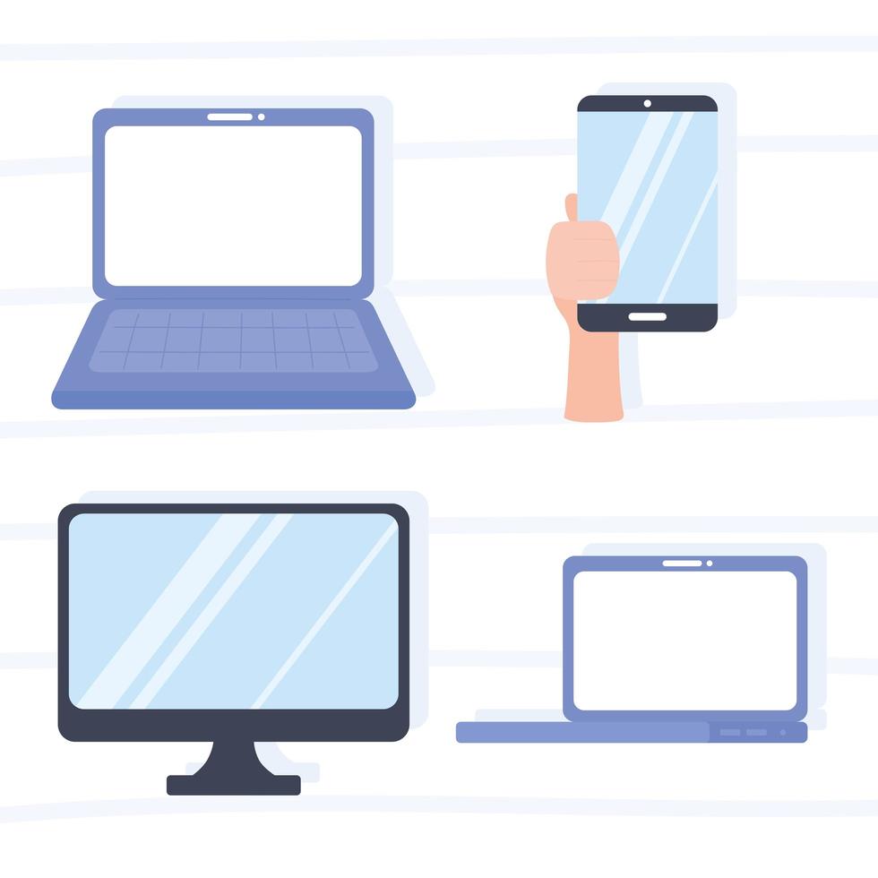 computadora portátil, monitor, mano con dispositivos de teléfono inteligente vector