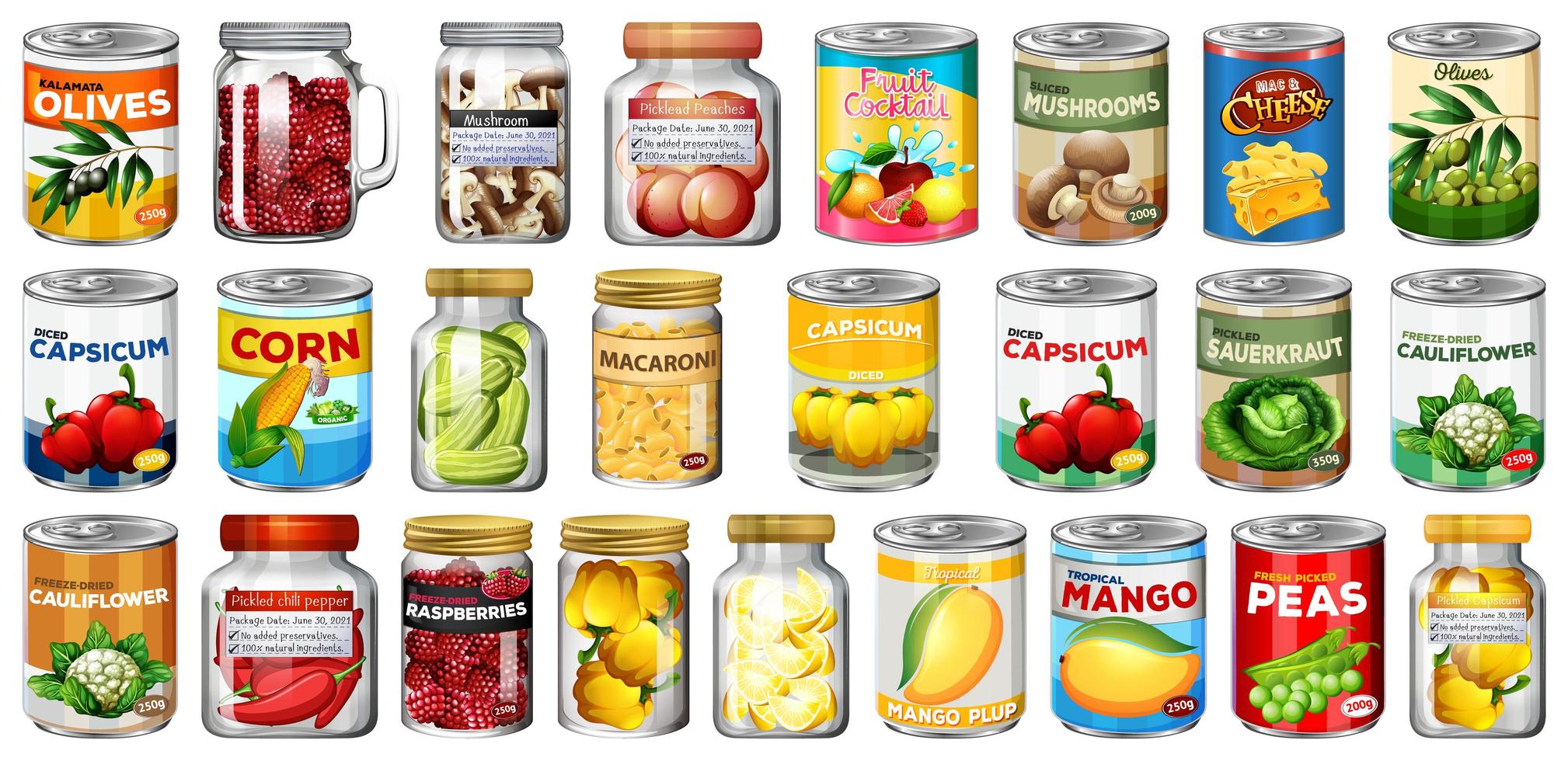 conjunto de comida en latas y frascos. vector