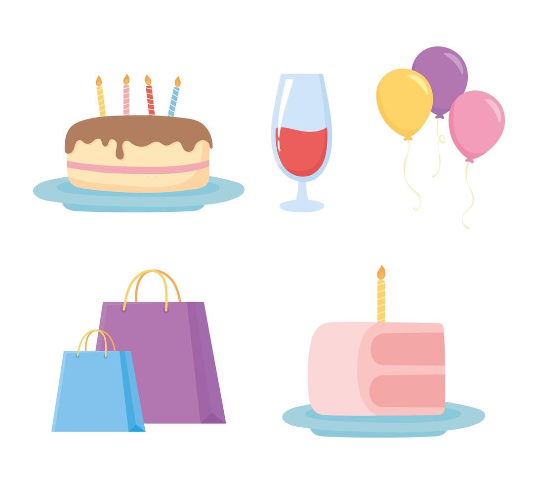 celebración de fiestas, bolsas, pasteles, globos y copa de vino vector