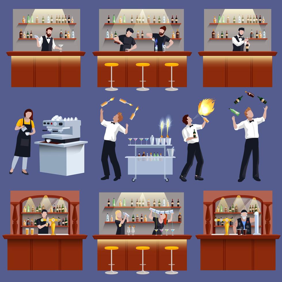 Bartender cocktail preparation set vector