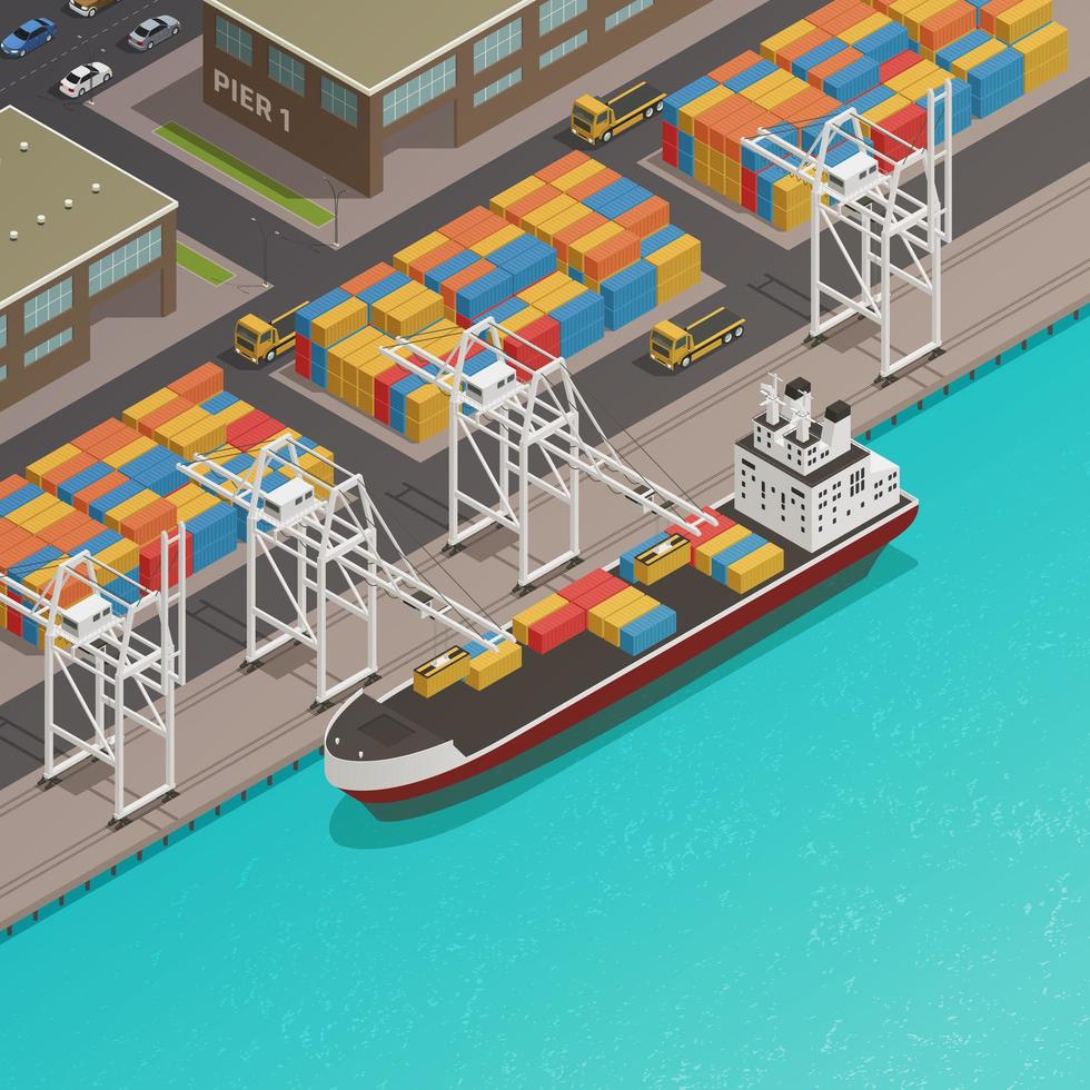 Sea river port isometric composition vector