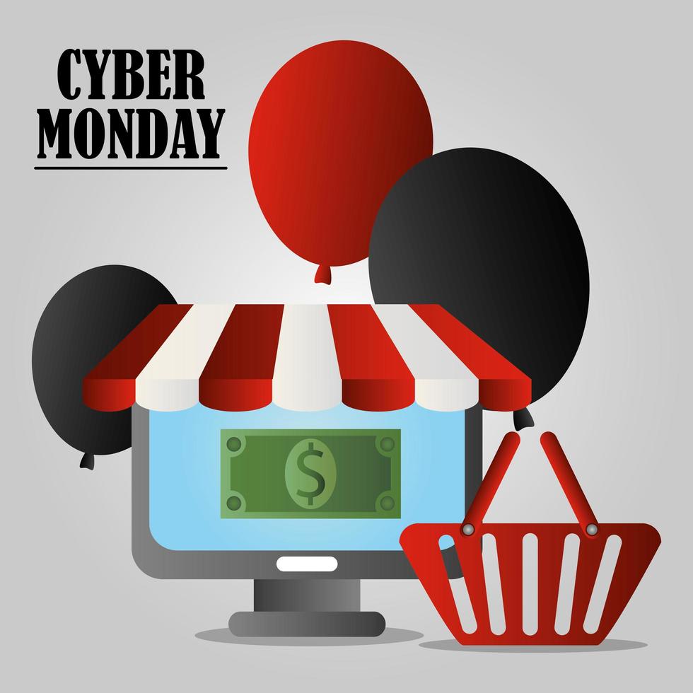 Cyber Monday. Computer, shopping basket, balloons, and money vector