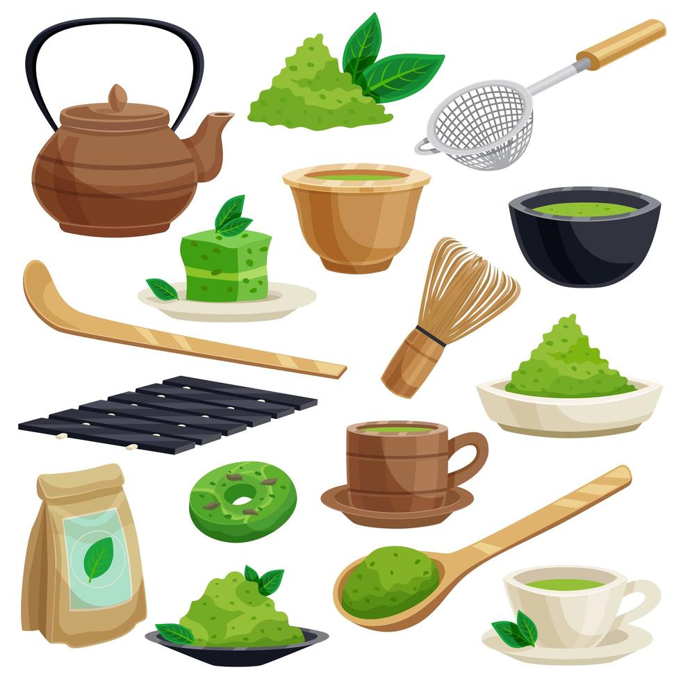 Conjunto de ceremonia de tradiciones japonesas de té matcha vector