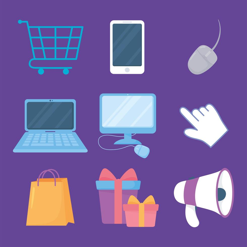 Cyber Monday. Computer, mobile, megaphone, bag and cart  vector