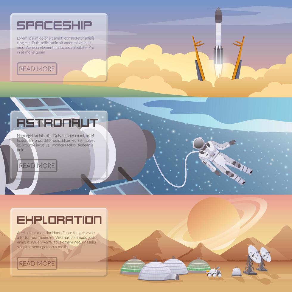 Astronaut space exploration flat banners vector