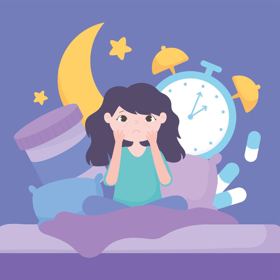 Girl with sleep disorder, medicine, clock, and moon vector