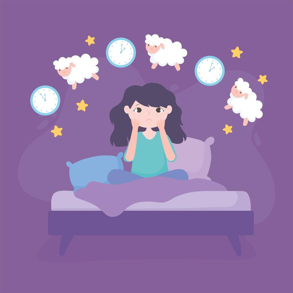 Insomnia. Worried girl in the bed counting sheep vector