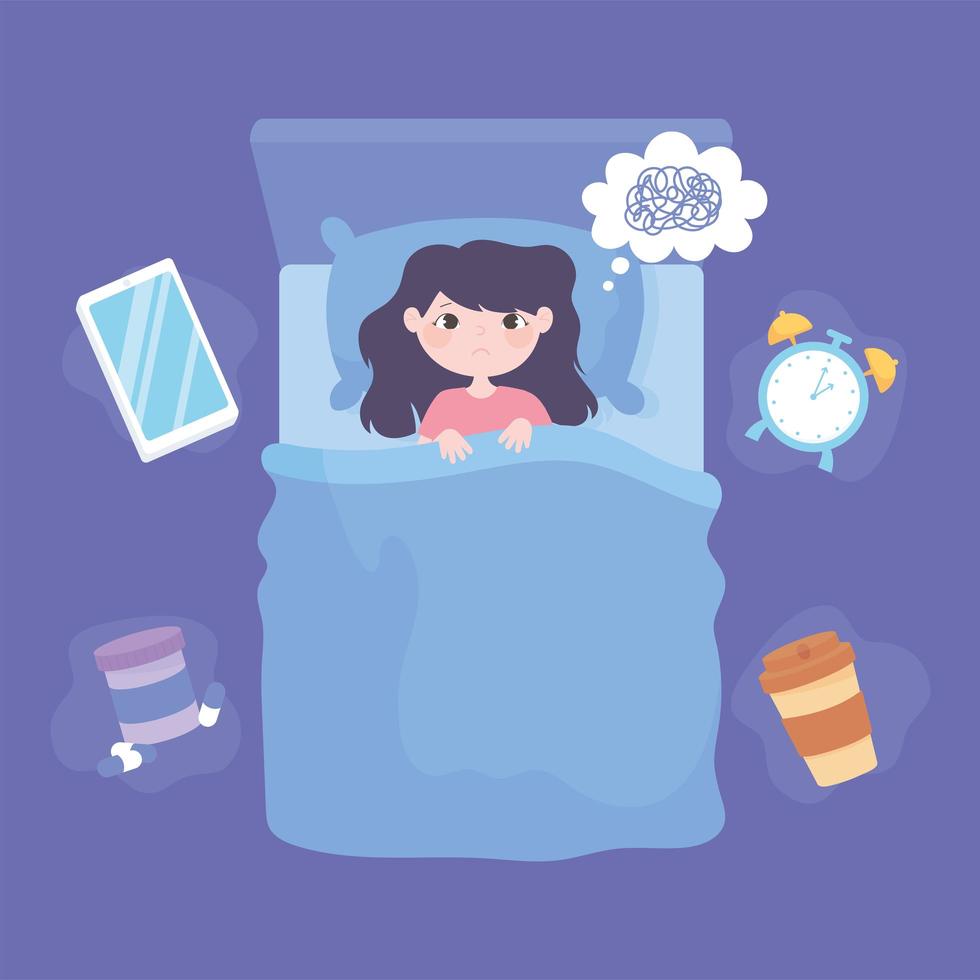 Insomnia. Girl in the bed depressed top view  vector