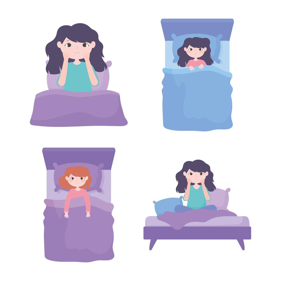 insomnio. personaje en la cama sin dormir conjunto de dibujos animados vector