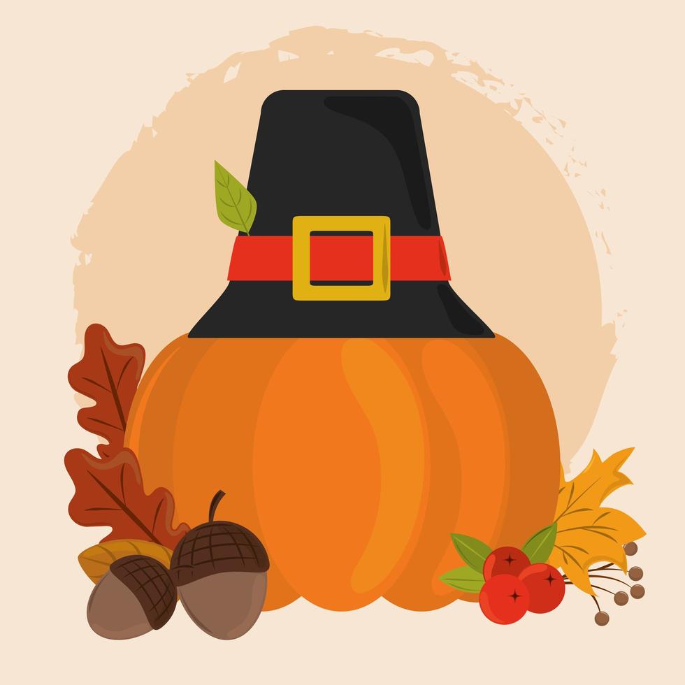 Feliz día de acción de gracias. calabaza con sombrero de peregrino vector