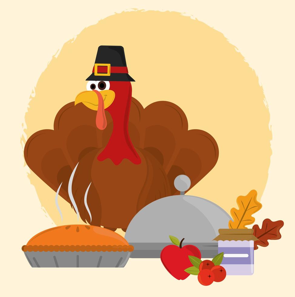 Happy Thanksgiving day. Turkey with hat and leaves vector