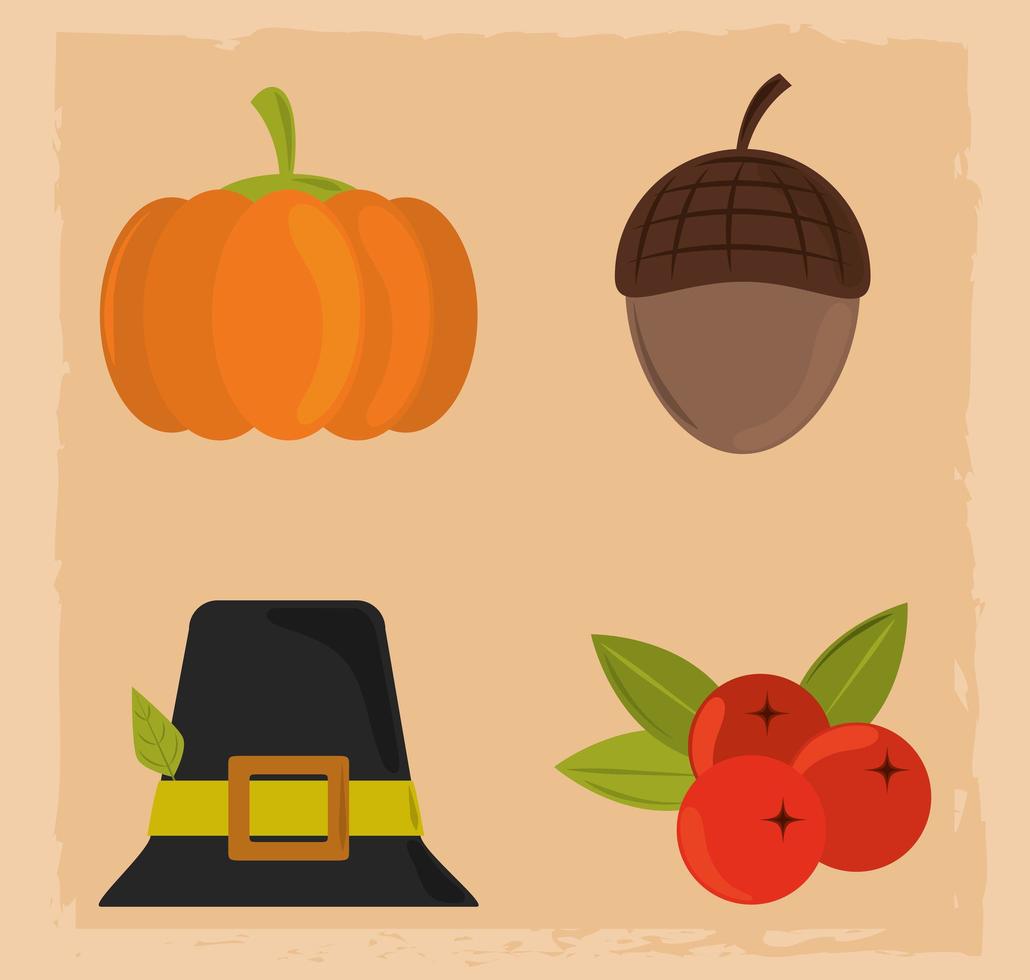 Happy Thanksgiving day. Pumpkin, hat, acorn and fruit vector