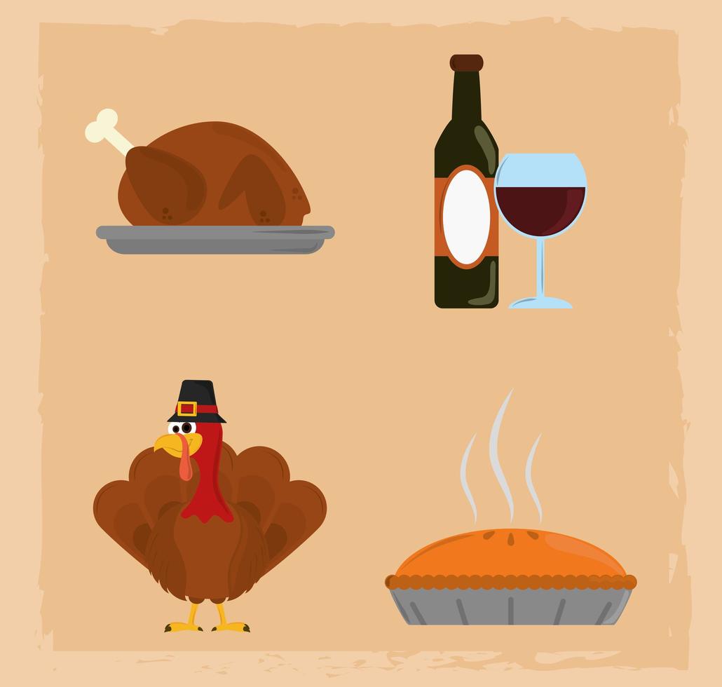 Happy Thanksgiving day. Wine, bottle, turkey and cake  vector