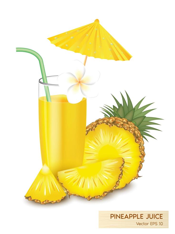 Realistic pineapple juice with fruit slices  vector