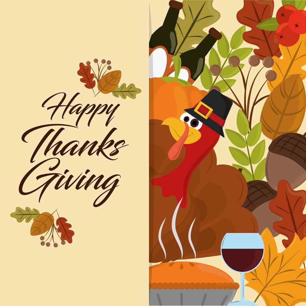 Happy Thanksgiving day. Turkey with hat and leaves  vector