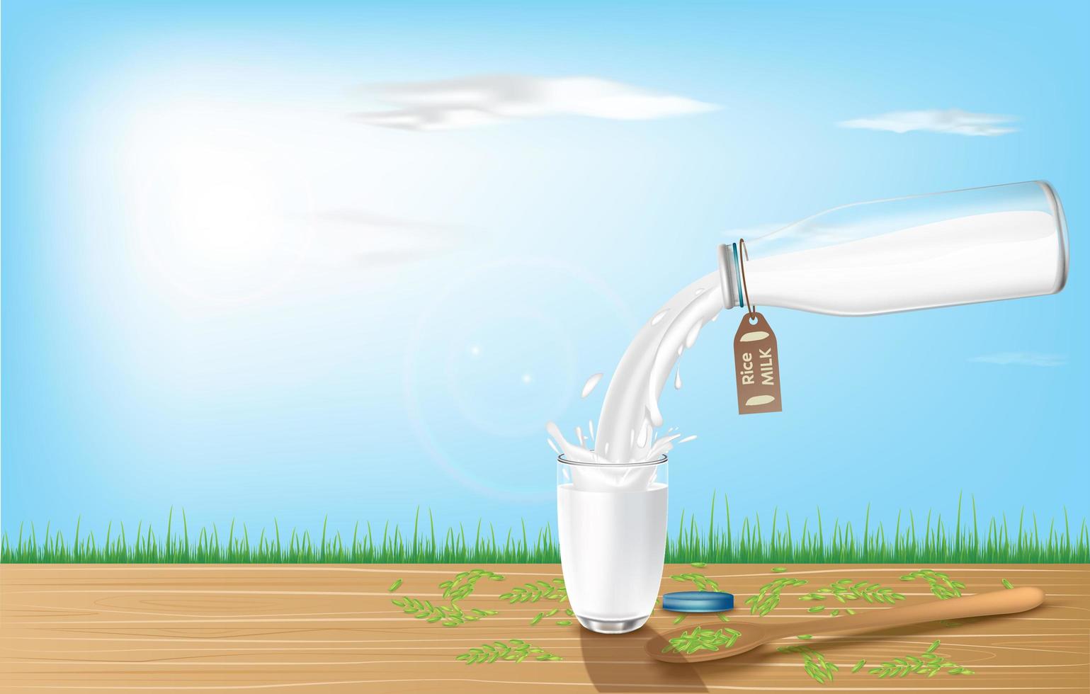 Banner realista con leche de arroz vertida. vector