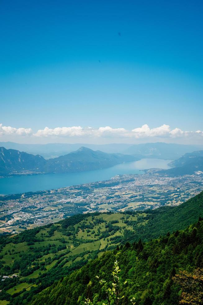 Aerial view of green mountains and lake photo