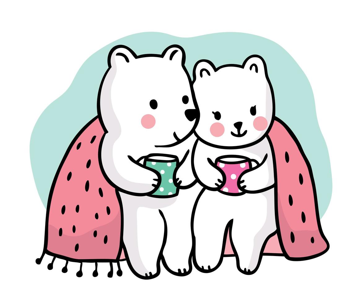 Cute polar bears drinking coffee together vector