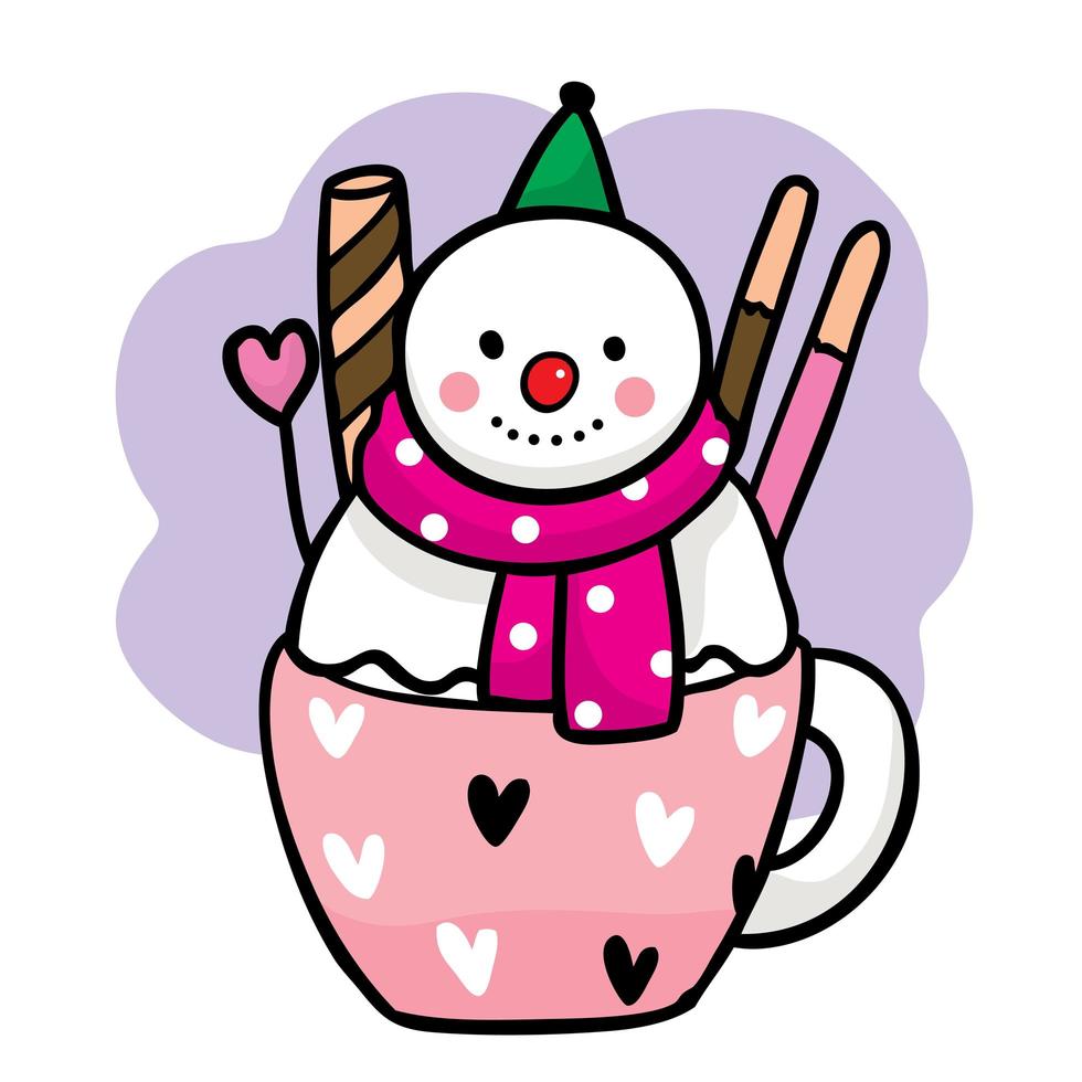 muñeco de nieve dulce en una taza de té con caramelos vector