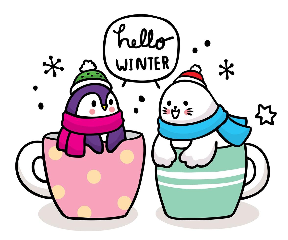 Cute animals saying hello to the winter vector