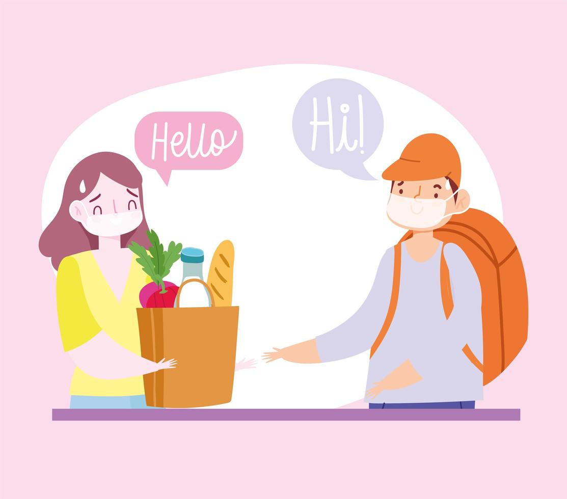 Courier man and customer with masks and grocery bag vector