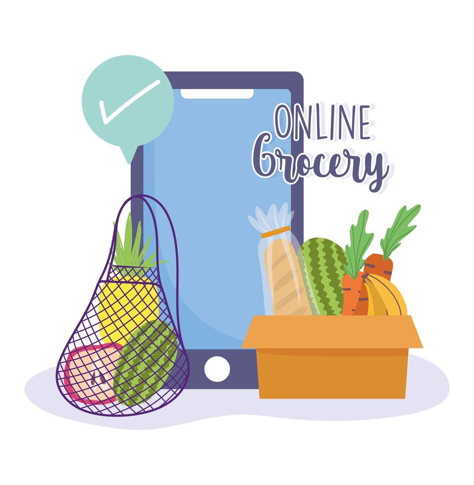 Smartphone and check mark. Ordering fresh food  vector