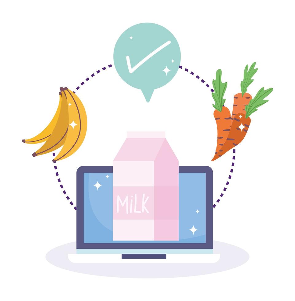 Computer, milk, fruit, vegetable and check mark vector