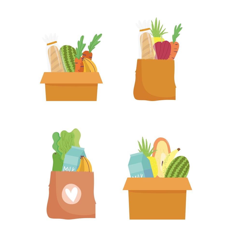 Paper bags and cardboard boxes with food vector