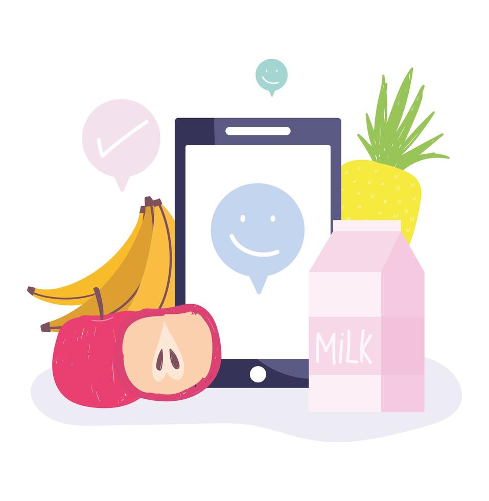 mercado online. smartphone, frutas y leche vector